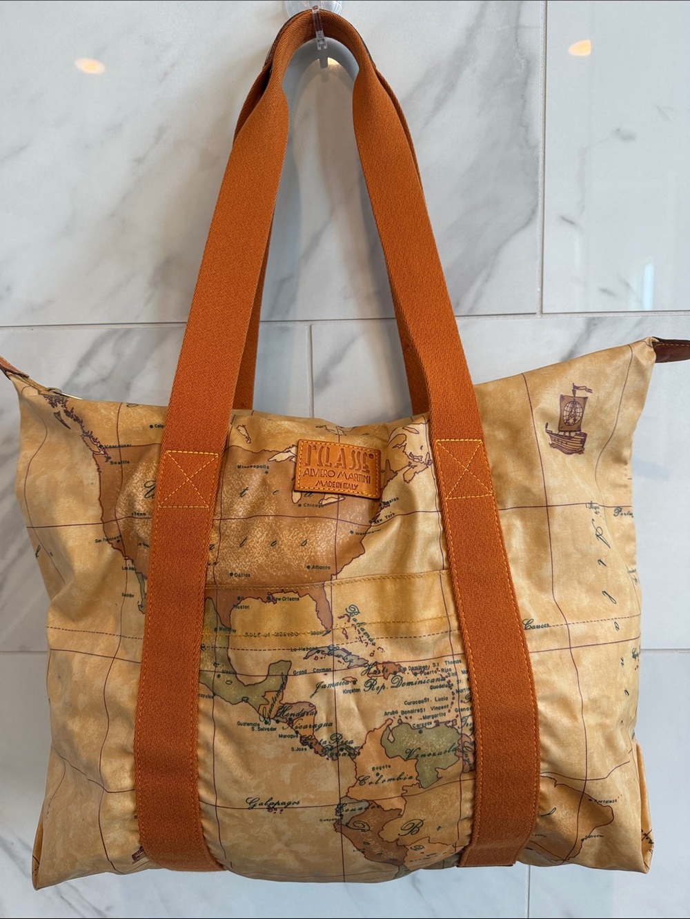 Alviero Martini Map-Print Duffel with Orange Straps